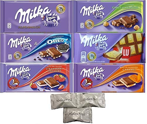 Assorted 6 Milka Chocolate -Oreo  Alpine Milk  LU  Milka Whole Nuts  Caramel  Strawberry-- Includes Our Exclusive HolanDeli Chocolate Mints