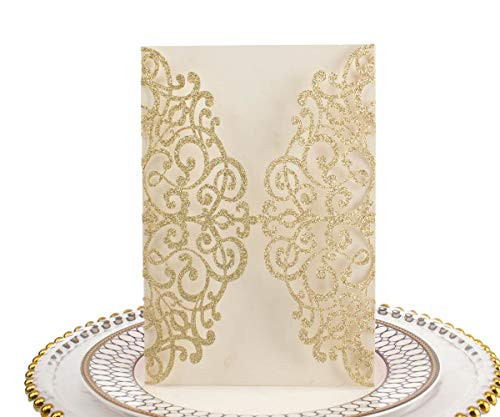 50pcs 5x7 Wedding Invitations Cards Laser Cut Pocket only  No Envelope No Insert for Wedding Bridal Shower Engagement Birthday Invite -Champagne Gold