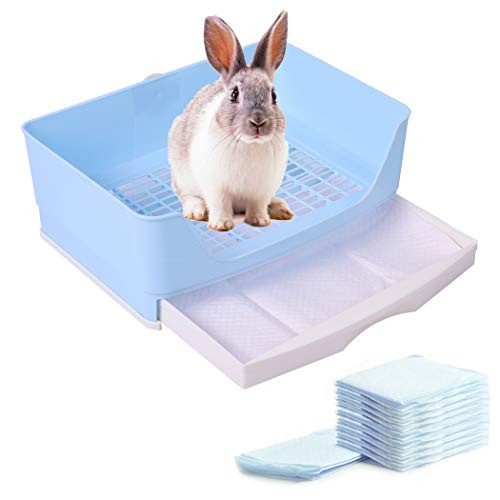 CalPalmy Blue Large Rabbit Litter Box with 10 Bonus Pads  Drawer  Corner Toilet Box and Bigger Pet Pan for Adult Guinea Pigs  Chinchilla  Ferret  Gale