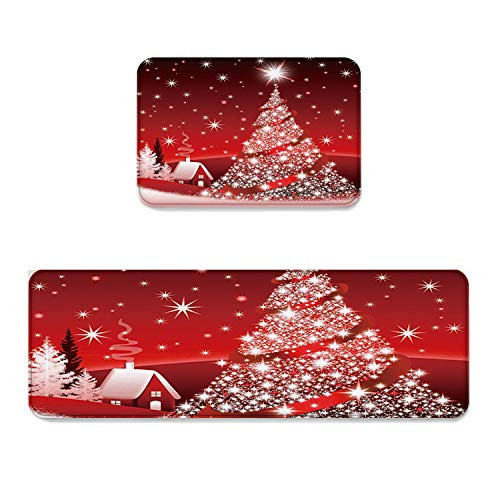 SUN-Shine Kitchen Rug Sets 2 Piece Non-Slip Kitchen Mats and Rug Red Merry Christmas Tree Bright Country Winter Farmhouse Decorative Area Runner Rubber Backing Carpets Floor Doormat