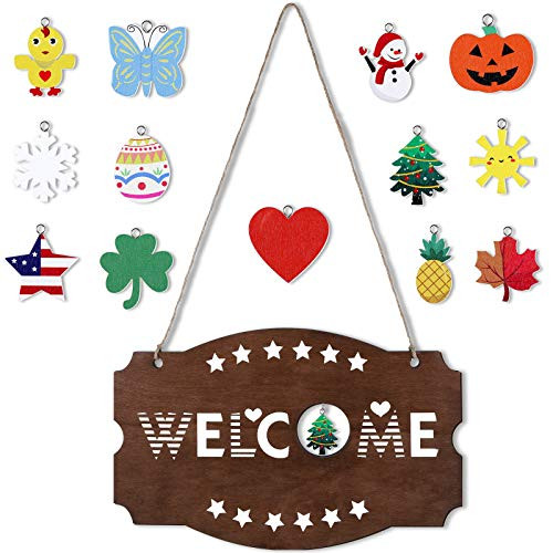 Interchangeable Seasonal Welcome Sign Rustic Front Door Decor Wall Hanging Signs Wooden Plaque Farmhouse Porch Wall Hanger Welcome Sign for Halloween