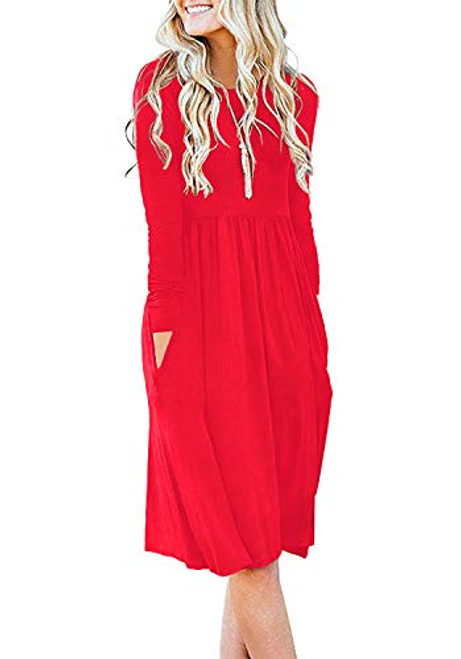 DB MOON Women Casual Long Sleeve Dresses Empire Waist Loose Dress with Pockets -Red  L- DB MOON Women Casual Long Sleeve Dresses Empire Waist Loose Dress with Pockets -Red  L-