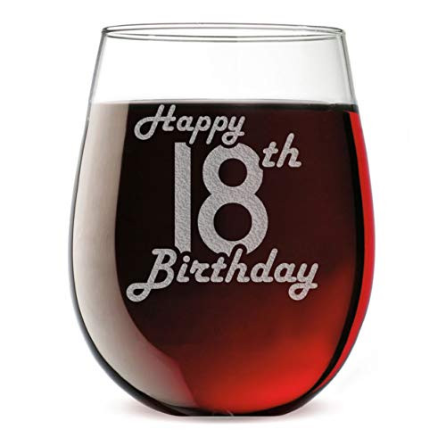 17oz Stemless Wine Glass - Happy 18th Birthday - 18 Years Old Gifts