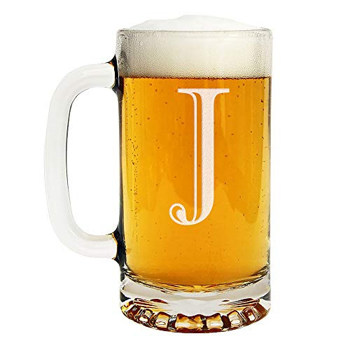 Etched Monogram 16oz Glass Beer Mug -Letter J-