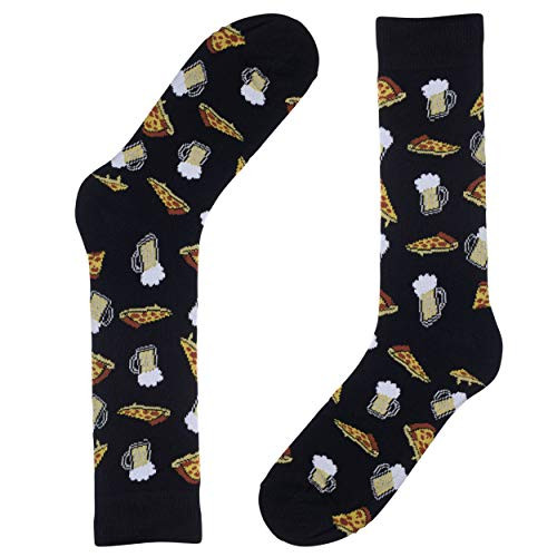 Pizza and Beer Novelty Socks for Men - Fun Colorful Black Dress Socks - Premium Cotton - Size 8-13 -One Pair-