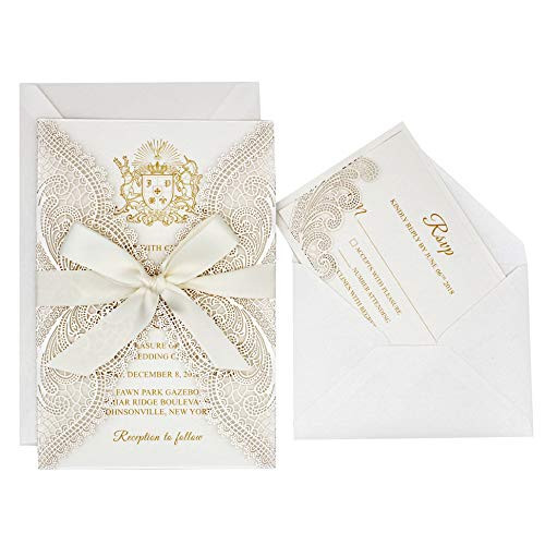 25-Pack Ivory Laser Cut Lace Wedding Invitations with RSVP Cards and Ribbon Bow  Elegant Invitation Set for Wedding-Bridal Shower-Birthday Party  125