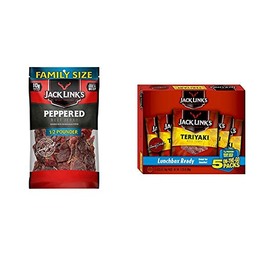 Jack Links Beef Jerky  Peppered  ½ Pounder Bag  Meat Snack with a Pepper Kick and Jack Links Beef Jerky 5 Count Multipack  Teriyaki  5  0-625 oz- Bag