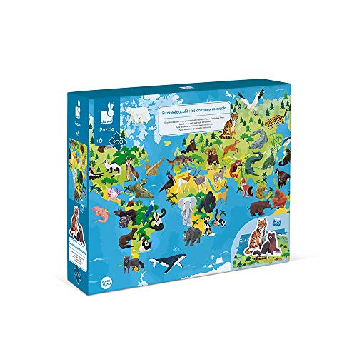 Janod 200 Piece Educational World Atlas Floor Puzzle and Endangered Animal Figure Playset  Cognitive Development and Role Play Ages 6-