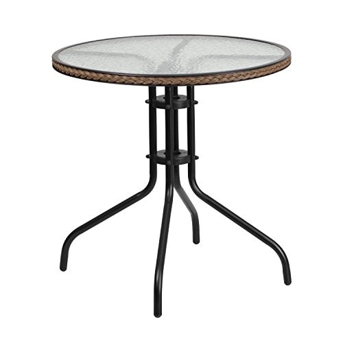 Flash Furniture 28'' Round Tempered Glass Metal Table with Dark Brown Rattan Edging