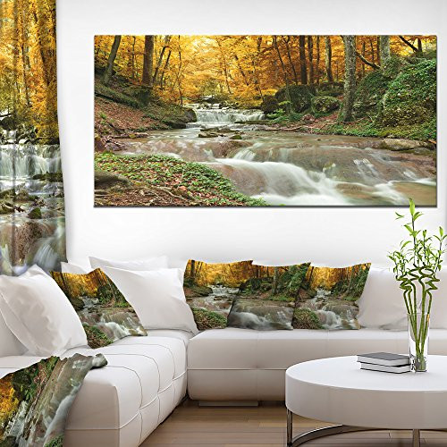 Designart PT14860-60-28 Forest Waterfall with Yellow Trees Artwork Canvas Print, 60x28"