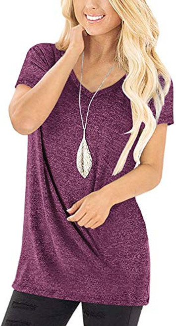 Jescakoo Womens Tops Summer Short Sleeve T Shirts Deep V Neck Solid Color Fuchsia XL