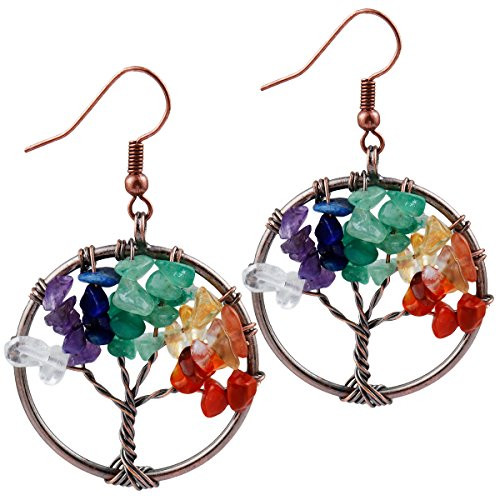 SUNYIK Mixed Stone Tree of Life Dangle Earrings for Women-Copper Plated-