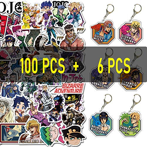 MUZHI JoJos Bizarre Adventure Stickers Keychain Set-100 pcs Waterproof Aesthetics Stickers-6 pcs Keychain Anime Gift Set -JoJos Bizarre Adventure Se MUZHI JoJos Bizarre Adventure Stickers Keychain Set-100 pcs Waterproof Aesthetics Stickers-6 pcs Keychain Anime Gift Set -JoJos Bizarre Adventure Se