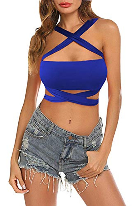 KAKALOT Womens Sexy Criss Cross Bandage Crop Tops Cut Out Active Bustier Cami -L Blue- KAKALOT Womens Sexy Criss Cross Bandage Crop Tops Cut Out Active Bustier Cami -L Blue-