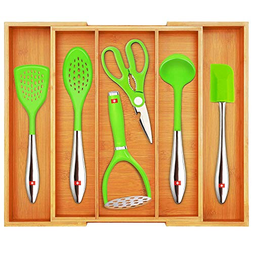 Bamboo Kitchen Drawer Organizer - Expandable Silverware Organizer-Utensil Holder and Cutlery Tray with Grooved Drawer Dividers for Flatware and Kitche