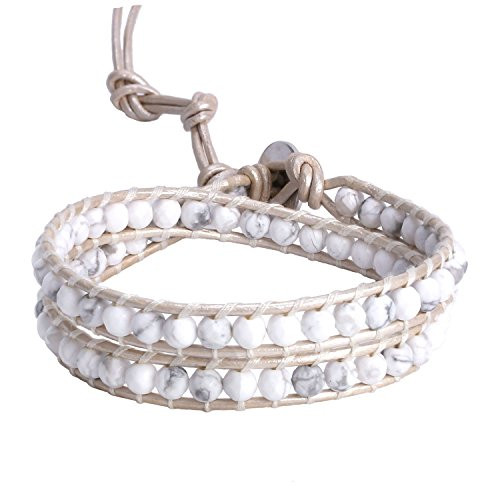 KELITCH Double Wrap Bracelet for Women Braided White Howlite Beads Bracelets on Natural Leather
