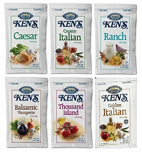 Kens Salad Dressing 6 Flavors 1-5 oz Packets- -Caesar  Ranch  Creamy Italian  Balsamic Vinaigrette  Thousand Island and Golden Italian- 10 Packets of