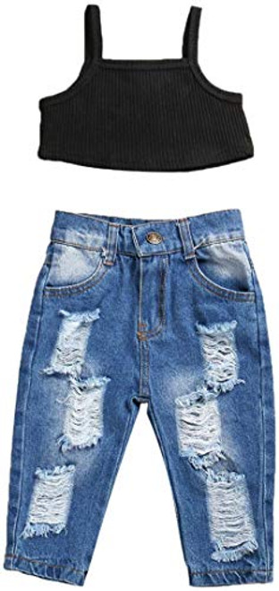 Toddler Baby Girl Ripped Jeans Outfits Halter Ribbed Sleeveless Crop Top-Denim Pants Set 2PCs Summer Clothes -Black  5-6T-