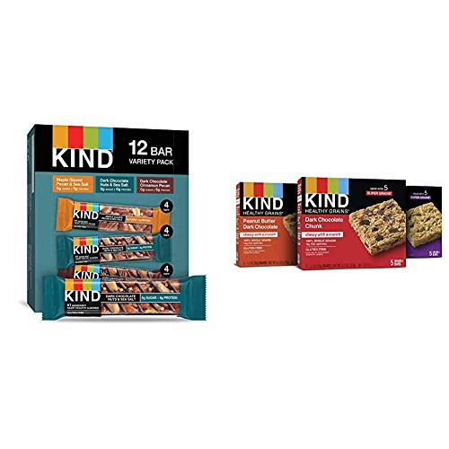 KIND Bars  Nuts and Spices Variety Pack  Gluten Free  Low Sugar  1-4 Ounce Bars  12 Count and Healthy Grains Granola Bars  Dark Chocolate Chunk  Peanut