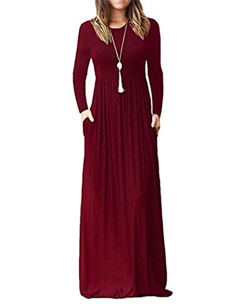 Kidsform Womens Long Sleeve Loose Plain Maxi Dress Solid Casual Long Dress with Pockets Wine Red XXL Kidsform Womens Long Sleeve Loose Plain Maxi Dress Solid Casual Long Dress with Pockets Wine Red XXL