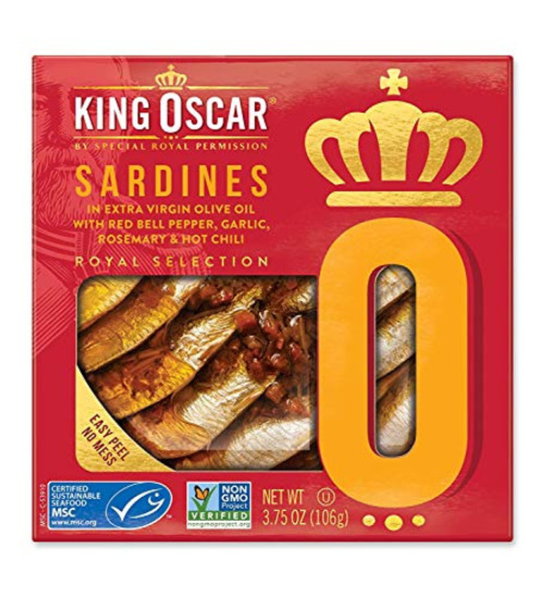 King Oscar Royal Selection Sardines In Extra Virgin Olive Oil With Red Bell Pepper Garlic Rosemary and Hot Chili 3-75 Oz -Pack of 10- King Oscar Royal Selection Sardines In Extra Virgin Olive Oil With Red Bell Pepper Garlic Rosemary and Hot Chili 3-75 Oz -Pack of 10-