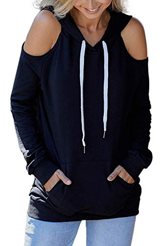 Kisscynest Womens Cold Shoulder Sweatshirt Pullover Hoodie Cut Out Tops Black M