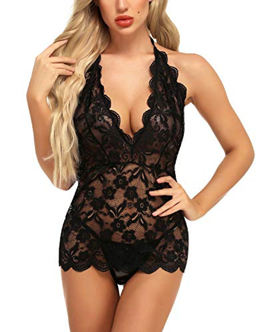 klier Lingerie for Women Teddy Deep V Halter Lace Babydoll Sexy Nightwear Chemise - Black