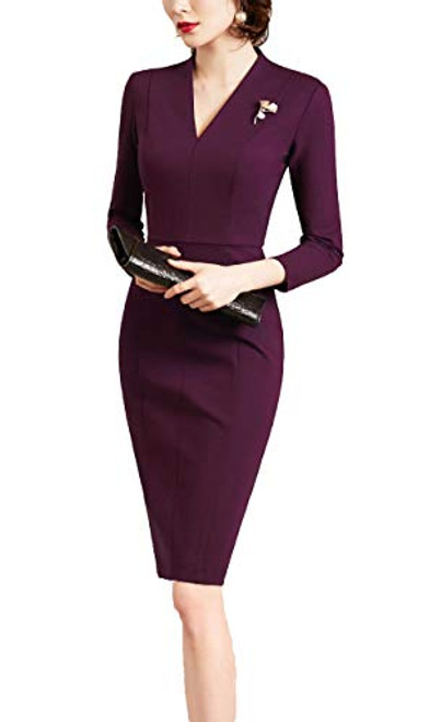 Womens Classic Elegant Vintage V- Neck 3-4 Sleeve Dress Work Business Bodycon Dress -Purple L- Womens Classic Elegant Vintage V- Neck 3-4 Sleeve Dress Work Business Bodycon Dress -Purple L-