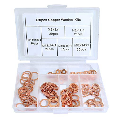KOOTANS 120pcs Professional M5-M14 Assorted Copper Washer Gasket Set Flat Ring Seal Assortment Kit with Box for Hardware Accessories