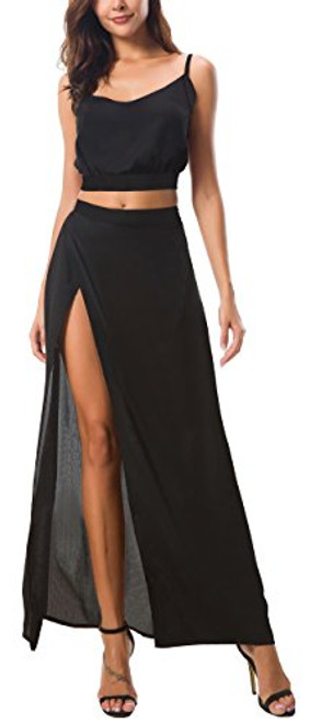 Kormei Womens Floral Crop Top Maxi Skirt Two Piece Side Split Long Maxi Dress M Black