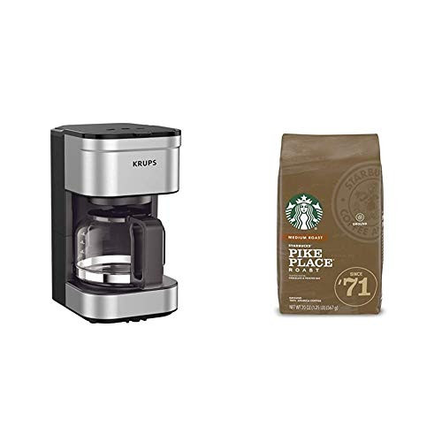 KRUPS Simply Brew Compact Filter Drip Coffee Maker  5-Cup  Silver and Starbucks Medium Roast Ground Coffee - Pike Place Roast - 100 Arabica - 1 bag