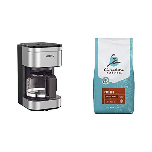 KRUPS Simply Brew Compact Filter Drip Coffee Maker  5-Cup  Silver and Caribou Coffee Caribou Blend  Medium Roast Ground Coffee  20 Ounce Bag  Rainforest