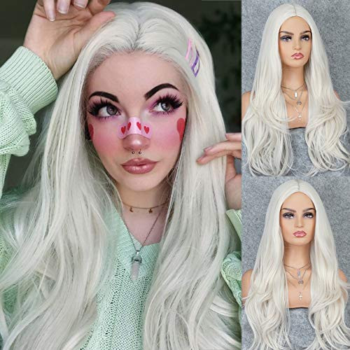 Kryssma Platinum Blonde Wig Natural Wavy Long Wig with Middle Part 22 Inches Synthetic Blonde Wigs for Women Kryssma Platinum Blonde Wig Natural Wavy Long Wig with Middle Part 22 Inches Synthetic Blonde Wigs for Women
