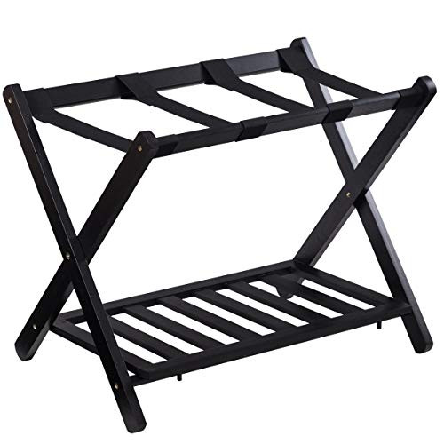 Golflame Folding Luggage Rack Wooden Suitcase Luggage Stand for Home Bedroom Hotel with Shelf,Black