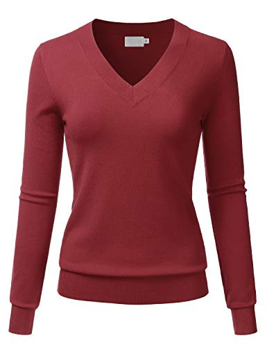 LALABEE Womens V-Neck Long Sleeve Soft Basic Pullover Knit Sweater Burgundy XL