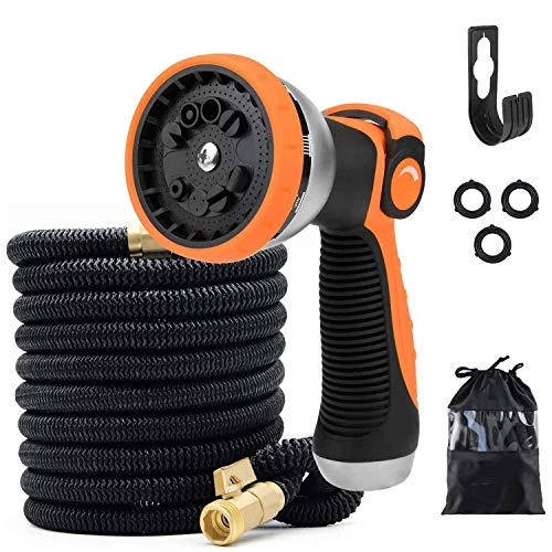 Lampelc Expandable Garden Hose 50ft - Flexible Water Hose with 10 Functions Spray Nozzle and Durable Triple Latex Core with 3-4 Solid Brass Fittings-