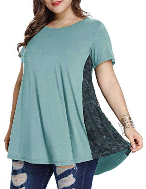 LARACE Women Lace Tunic Top Short Sleeve Flare T Shirt for Leggings-2X Greyish Green- LARACE Women Lace Tunic Top Short Sleeve Flare T Shirt for Leggings-2X Greyish Green-
