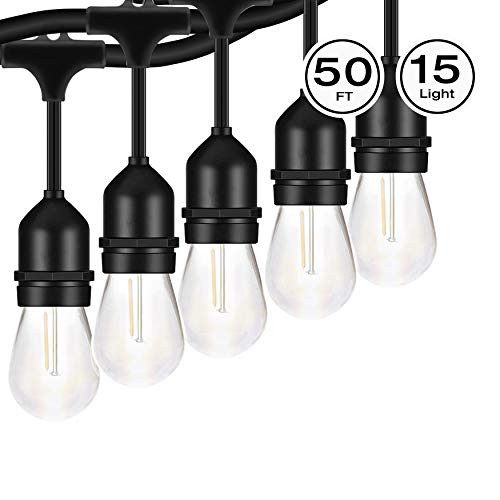 Electro bp Outdoor String Lights, Commercial Ambience Garden Lighting, Weatherproof 48 Foot 15 Hanging Sockets Vintage Edison 15 Pack 1.1W LED S14 LED Bulbs Patio,Backyard,Party,Wedding (50, 15lights)