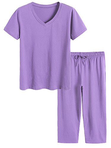 Latuza Womens Cotton Pajamas Set Tops and Capri Pants Sleepwear L Purple