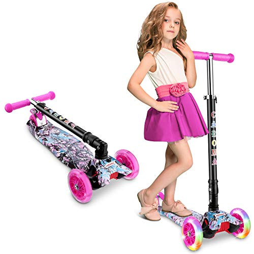 Caroma 3 Wheel Kick Scooter for Kids and Toddlers Girls and Boys  3 Adjustable Height  3 PU LED Flashing Wheels with Aluminum Alloy T-Bar Scooter for Ki