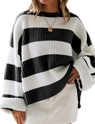 LEANI Womens Color Block Striped Oversized Sweaters Long Sleeve Crewneck Pullover Loose Chunky Knit Jumper Black