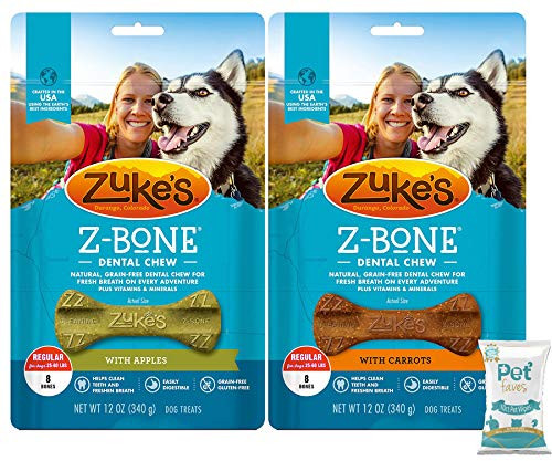 -2 Pack- Zuke Regular Z-Bone Grain Free Dental Chew Dog Treats with Apples and Carrots - 12 oz- Bag with 10ct Pet Wipes