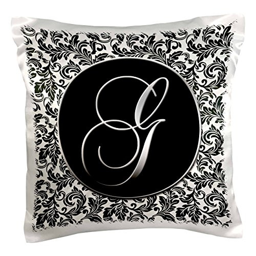 3dRose pc-38756-1 Letter G-Black and White Damask-Pillow Case  16 by 16