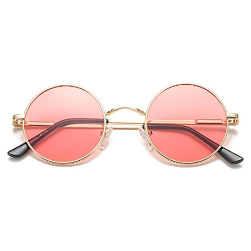 COASION Retro Small Round Polarized Sunglasses John Lennon Style Circle UV400 Sun Glasses -Gold Frame-Clear Pink Lens-