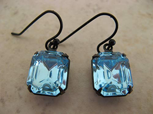 Blue Swarovski Crystal and Black Metal Earrings Boho Artisan Jewelry Blue Swarovski Crystal and Black Metal Earrings Boho Artisan Jewelry
