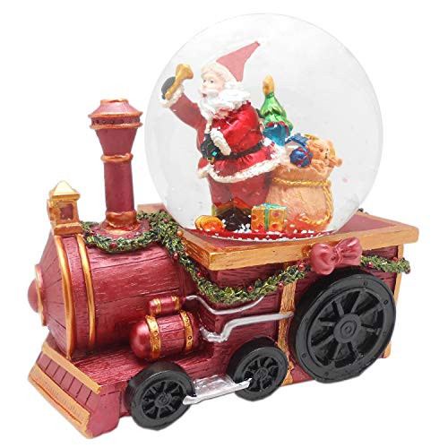 Lightahead Musical Christmas Santa with Gifts Figurine Water Ball Snow Globe on a Train Engine  with The Inside Figurine Revolving in polyresin