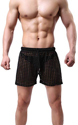 Linemoon Mens Mesh Shorts Sexy Lounge Hollow Boxer Underwear Black  Medium