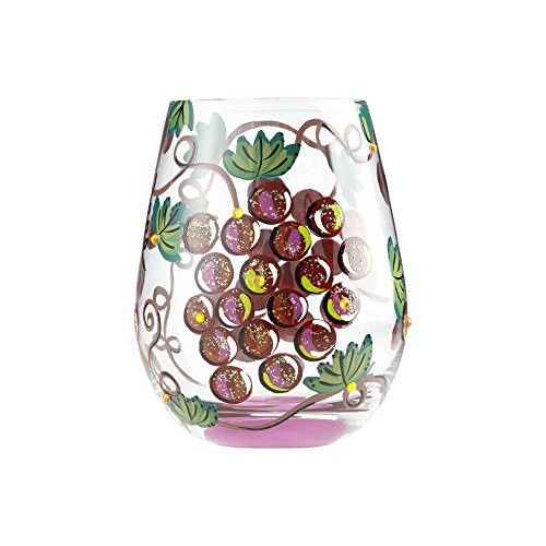 Enesco 6000228 Lolita Stemless Wine Glass Wine OClock  Artisan-Blown Glass with Hand-Painted Design  Multicolor