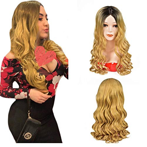 Ombre Long Curly Wig 2 Tone Black to Blonde Long Wavy Wig Synthetic Cosplay Party Wigs for Women 24 Inchs Costume Wigs Middle Part Full Wigs with Heat