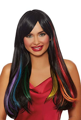 Dreamgirl Womens Long Straight Hidden Black-Primary Rainbow Wig  Multi  One Size